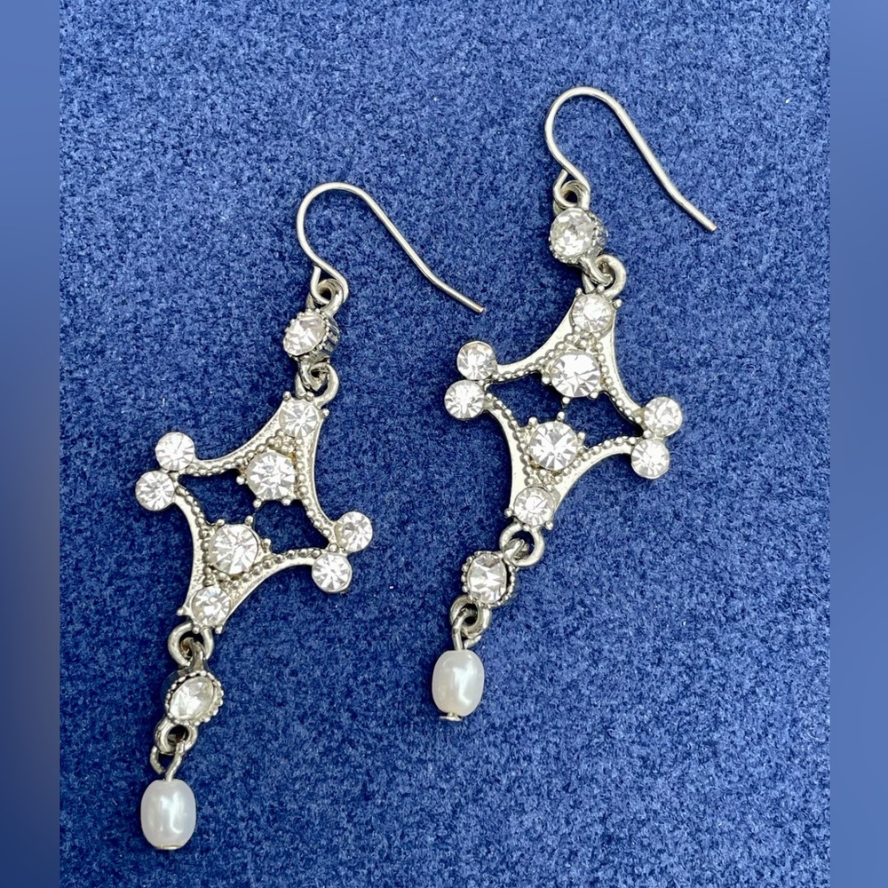 Dangly pearl & rhinestone earrings, cross shape